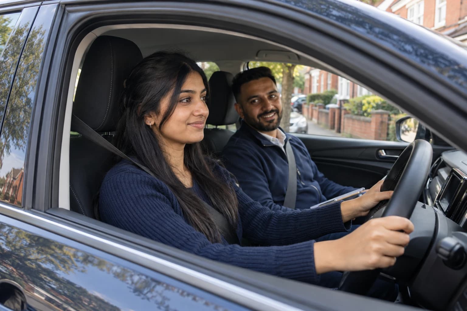 Learner and instructor practising in a parked right-hand-drive car in Birmingham