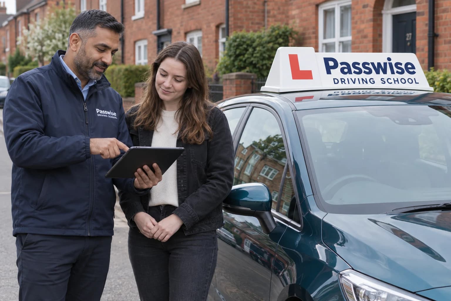 An instructor and trainee beside a car with a Passwise Driving School roof sign