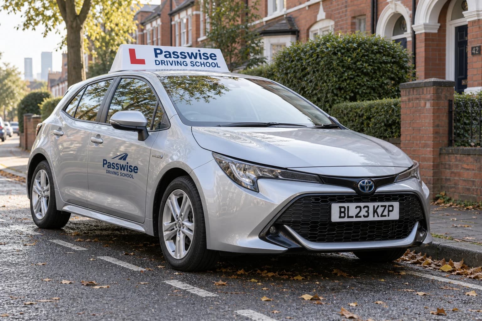 Silver learner car with Passwise Driving School roof branding