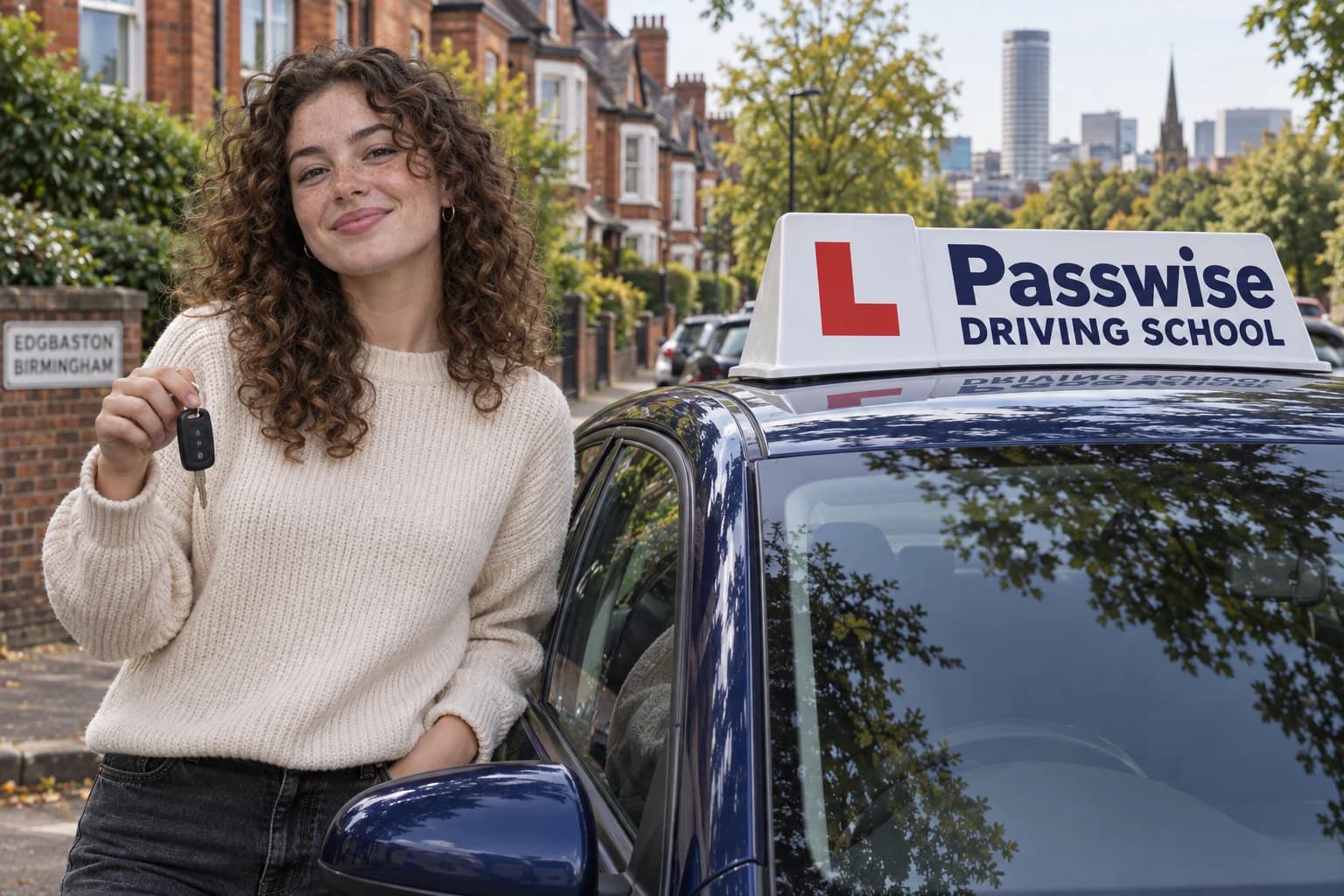 A smiling learner holding car keys beside a Passwise branded learner car