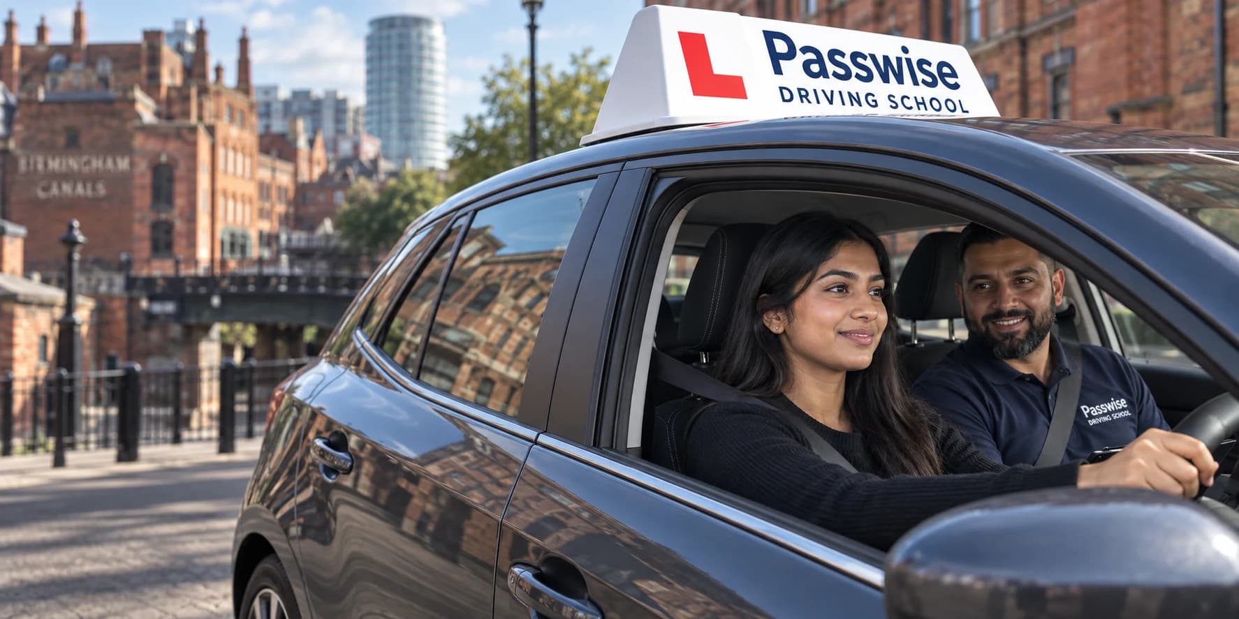 Learner and instructor inside a Passwise branded car in Birmingham