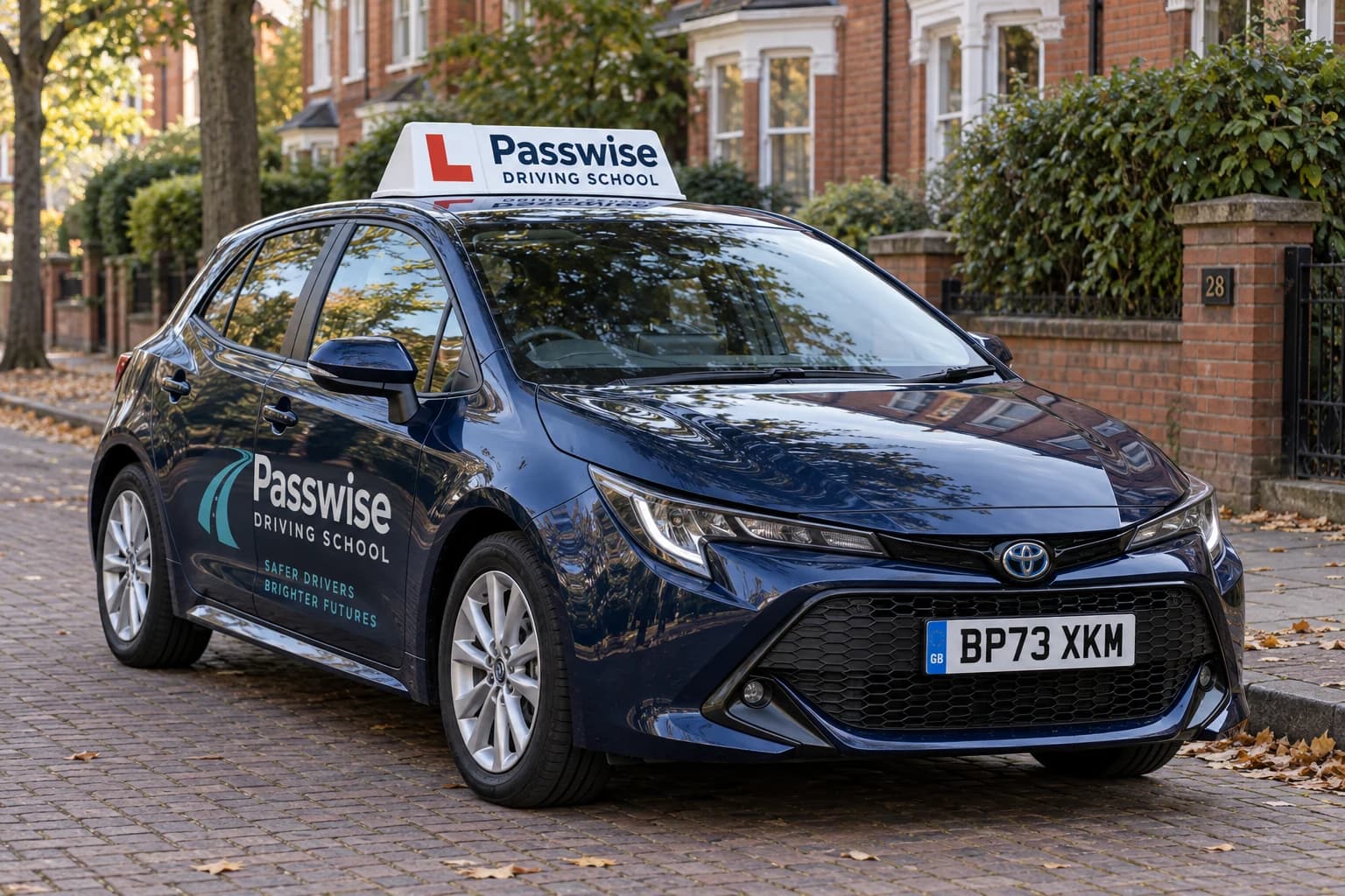 Passwise learner car with a branded roof sign on a Birmingham residential street