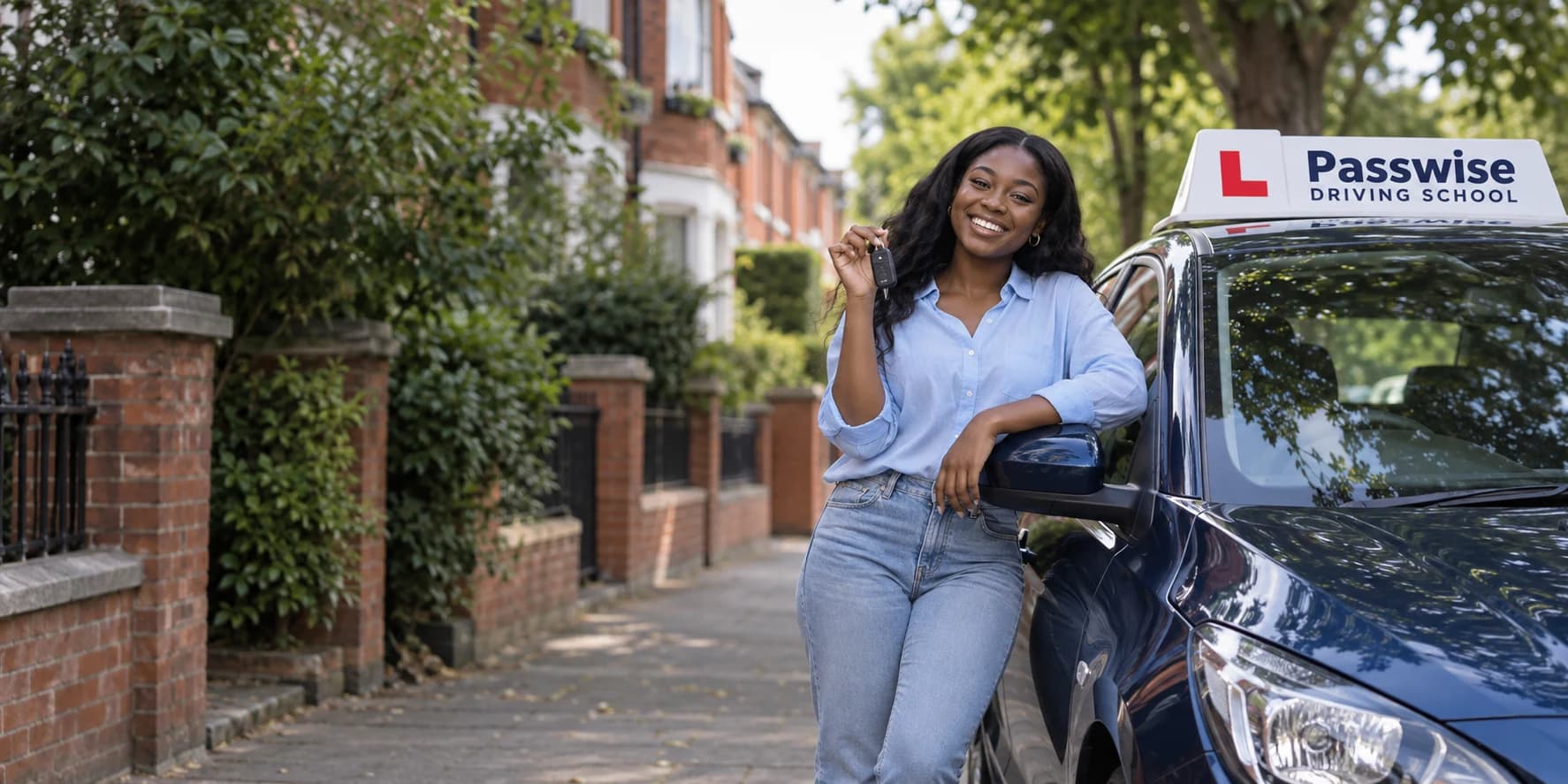 A learner holding her car keys beside a Passwise branded car