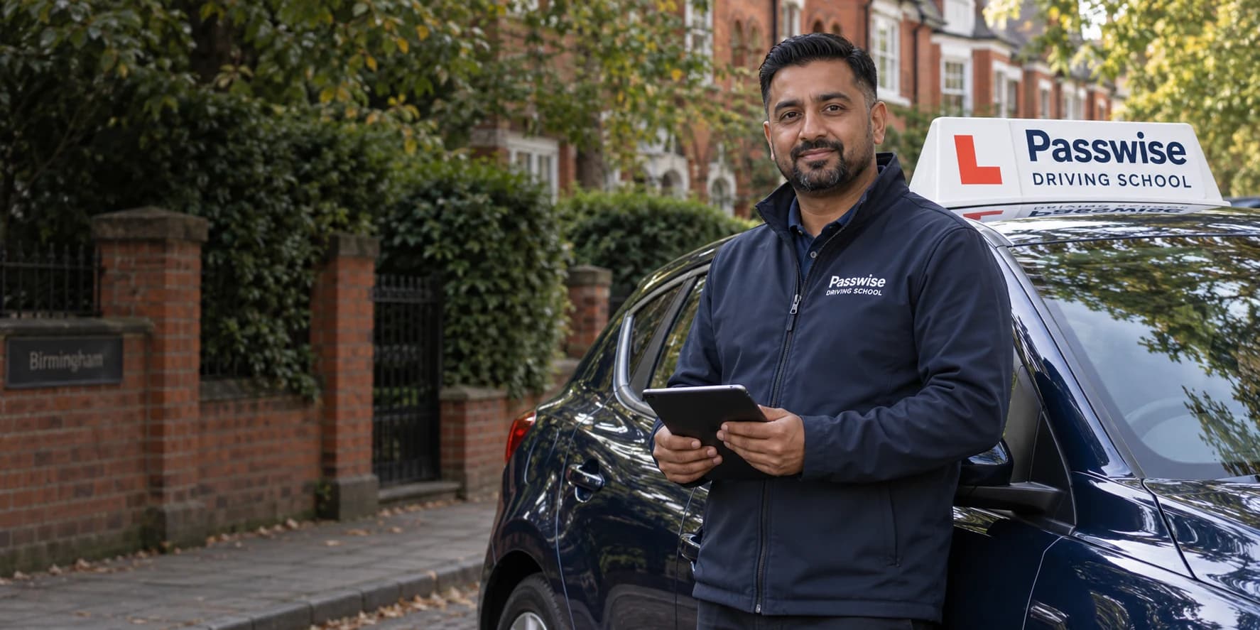 Driving instructor beside a Passwise branded car in Birmingham